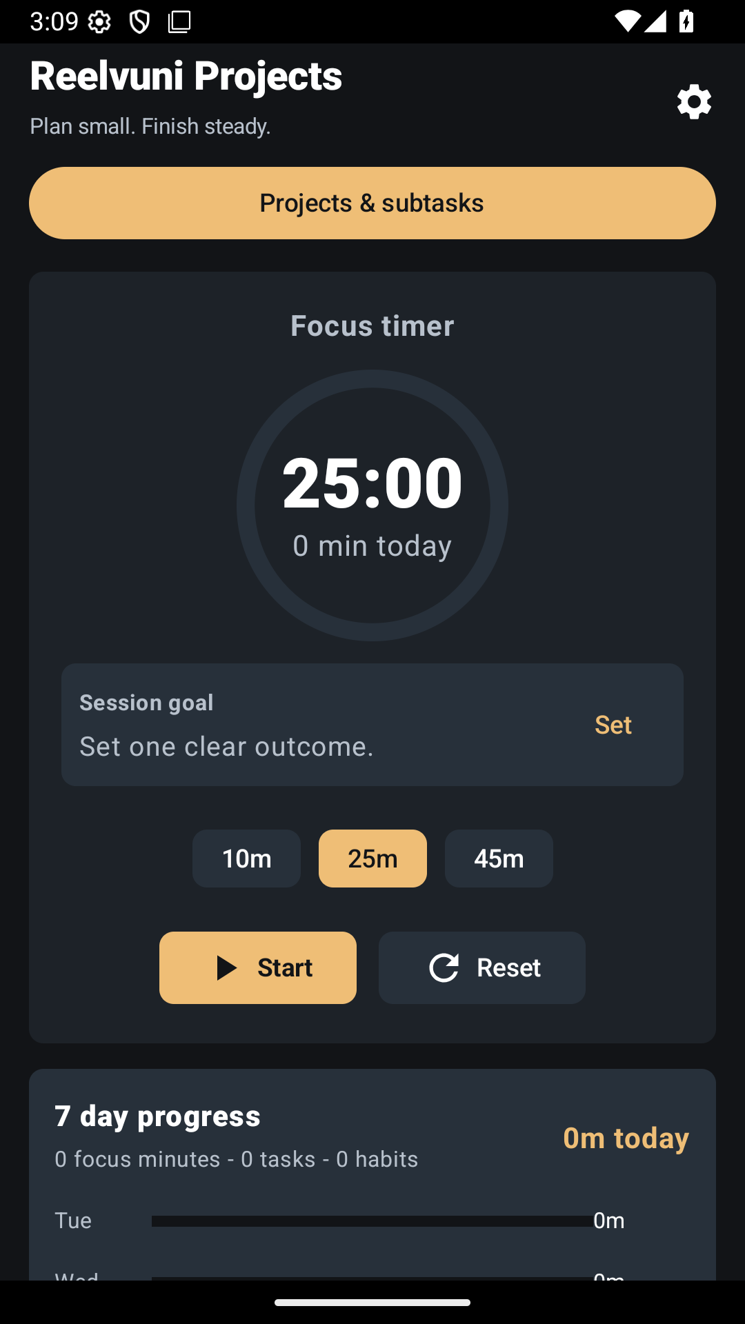 Reelvuni Projects home screen